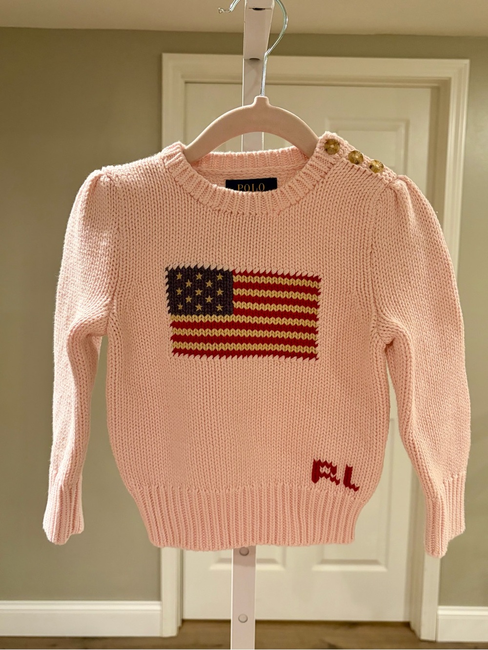 Toddler Polo Ralph Lauren Light Pink Knit Crewneck Sweater with Flag Motif